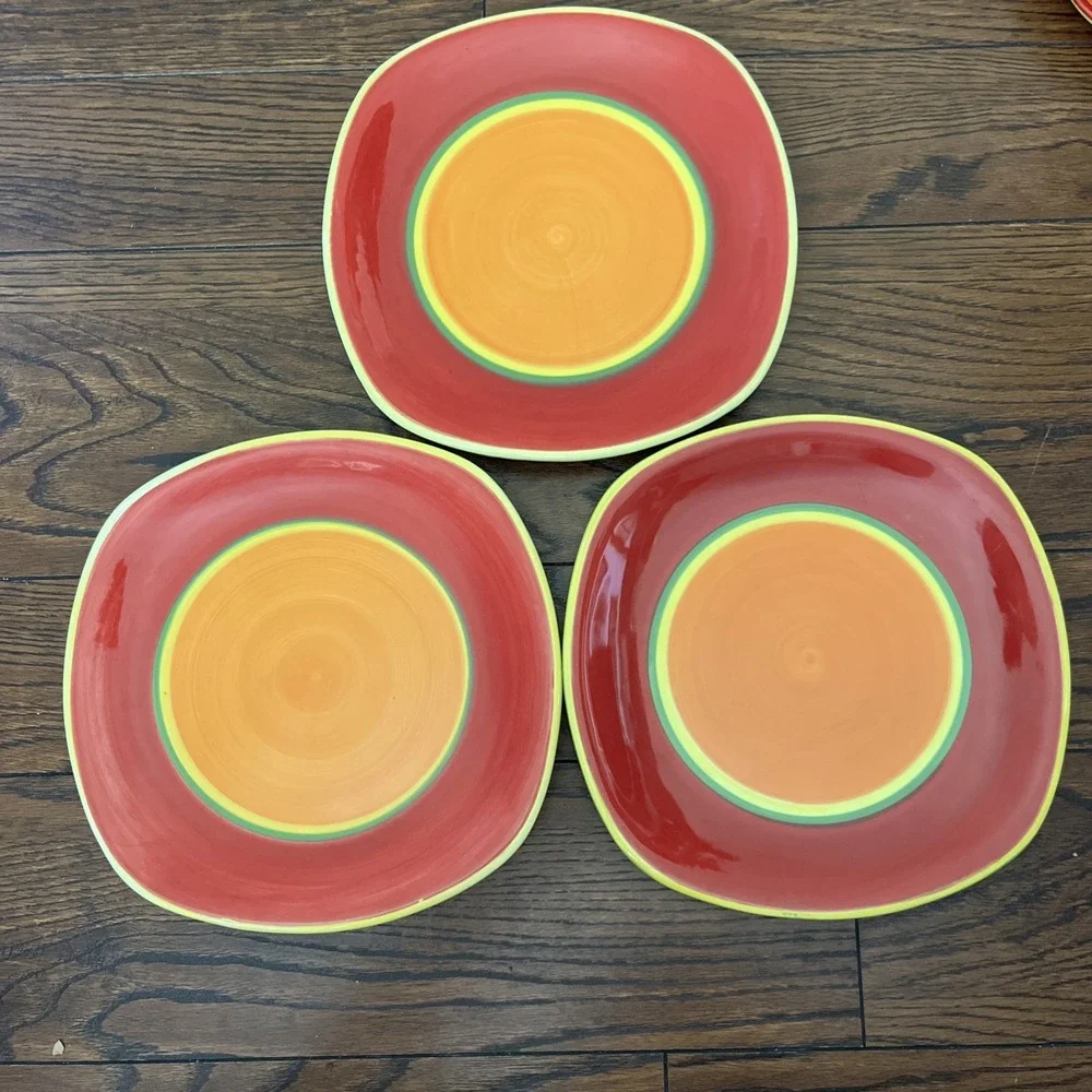 3 Dansk Caribe Aruba Square Salad Plates Red Orange Yellow Green Hand Painted